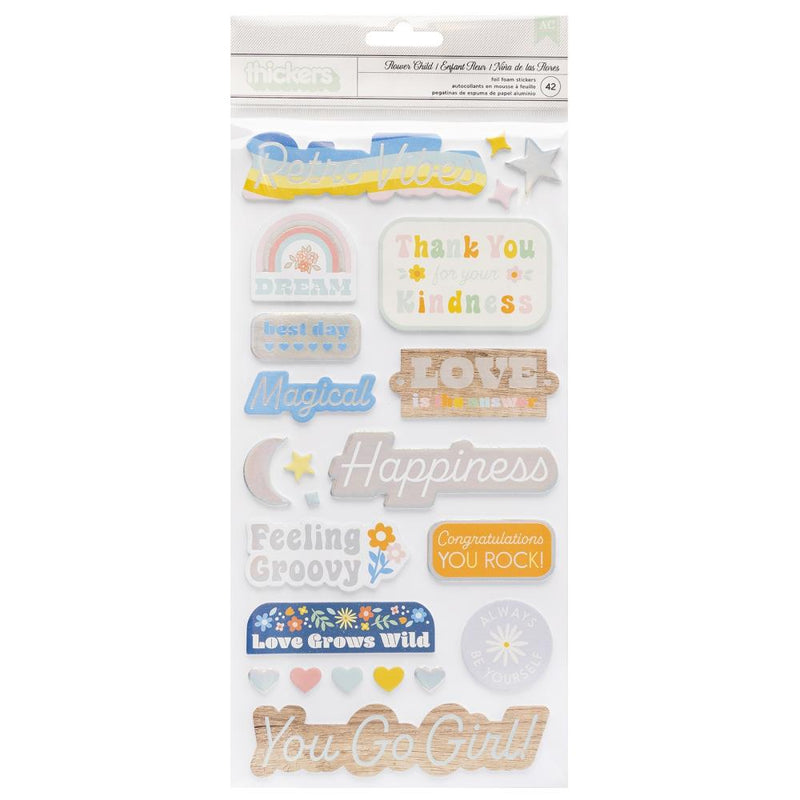 Jen Hadfield Flower Child Thickers Stickers 47 pack Phrase  with Silver Holographic Foil