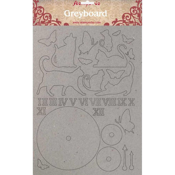 Stamperia Greyboard Cut-Outs A4 1mm - Thick Cats & Clock, Orchids & Cats