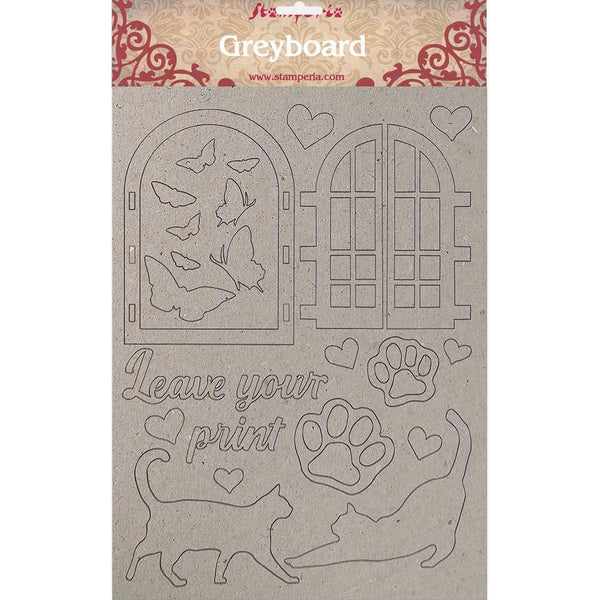 Stamperia Greyboard Cut-Outs A4 1mm - Thick Leave Your Print, Orchids & Cats