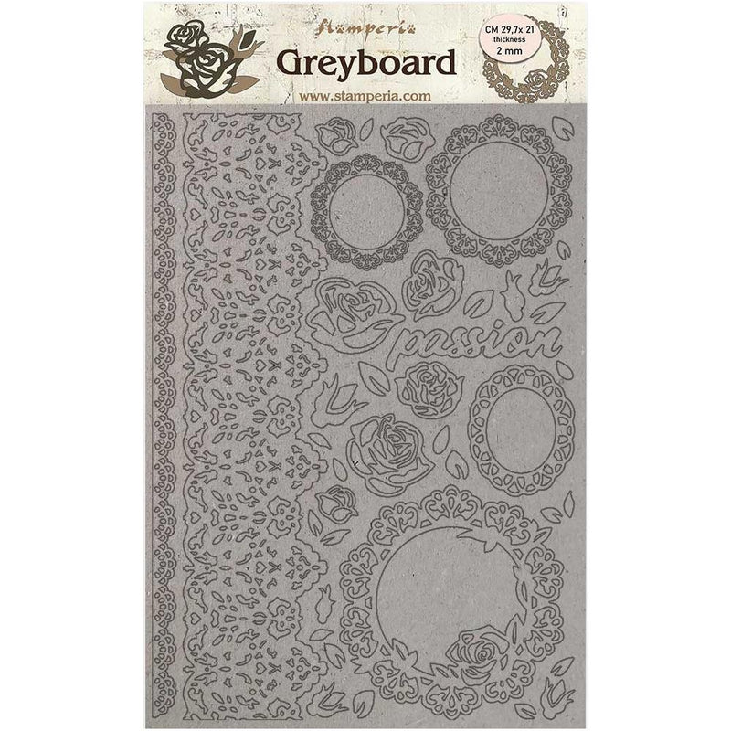 Stamperia Greyboard Cut-Outs A4 2mm Thick - Lace & Roses, Passion