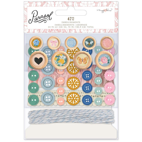 Maggie Holmes Parasol Embellishment Mix 72 pack - Buttons, Dots, Ribbon & Twine