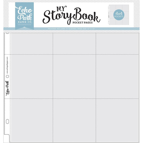 Echo Park - My Story Book Album Pocket Pages 12inx12in  25 pack  (9) 4in x 4in  Openings*