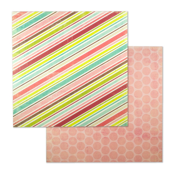 Two sheets of patterned paper with colorful stripes and pink polka dots on a white background.