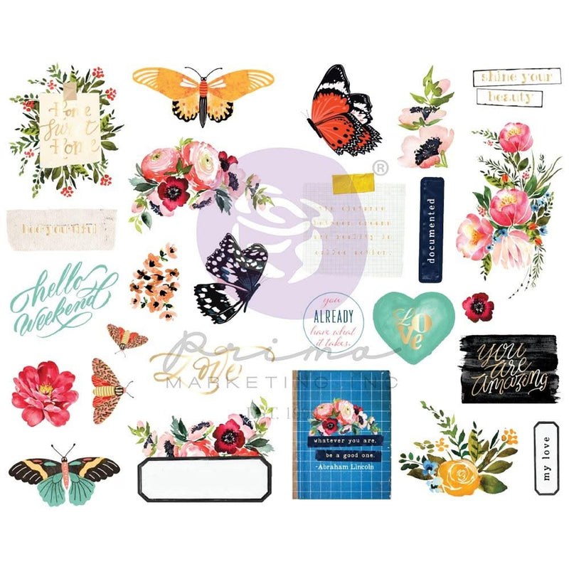Prima Marketing Painted Floral Chipboard Stickers 26 pack - Shapes W/Foil Accents*