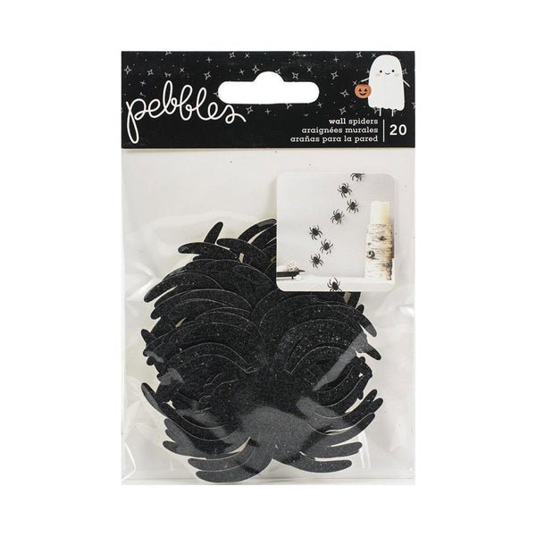 Pebbles Spoooky Adhesive Cardstock Wall Spiders 20 Pack - Black Glitter*