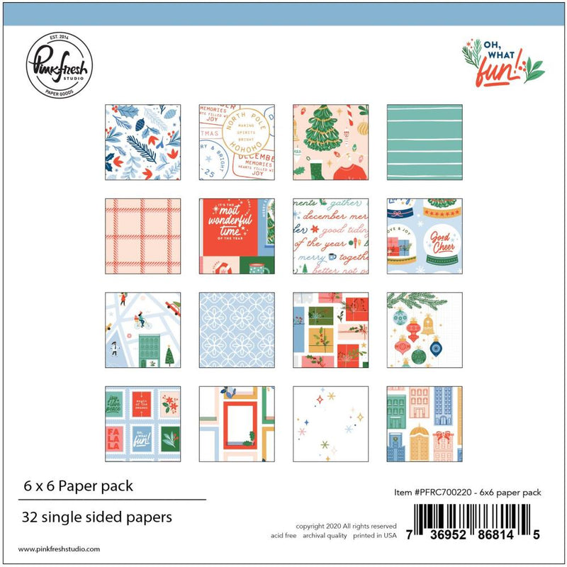 PinkFresh Studio Single-Sided Paper Pack 6in x 6in  32 pack  Oh What Fun, 16 Designs/2 Each
