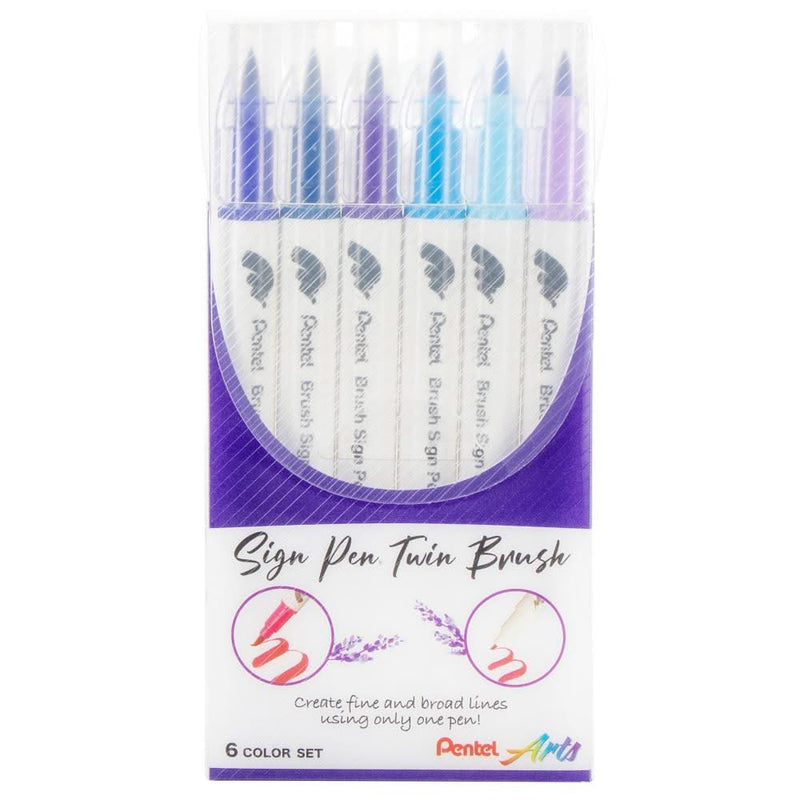 Pentel Arts Sign Pen Twin Brush 6/Pkg - Blue Hues