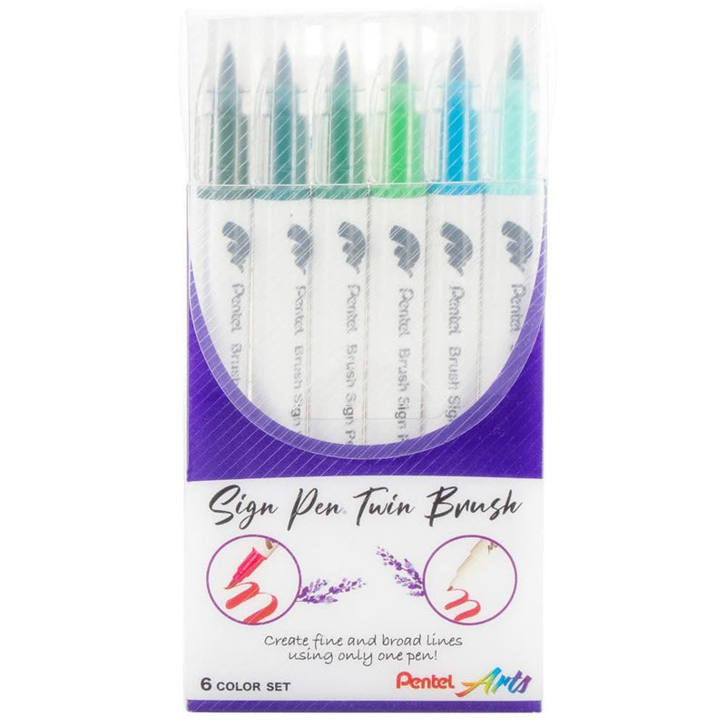 Pentel Arts Sign Pen Twin Brush 6/Pkg - Green Hues