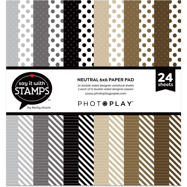 PhotoPlay Double-Sided Paper Pad 6"X6" 24 pack - Say It With Stamps Neutral Dots/Stripes