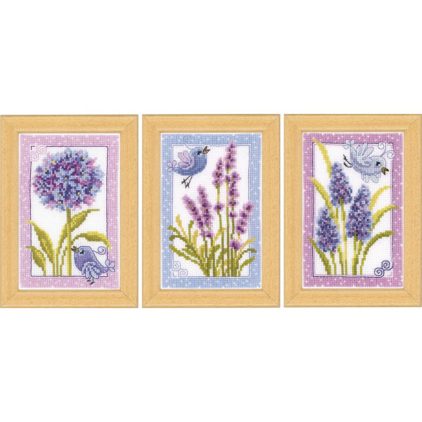 Vervaco Counted Cross Stitch Miniatures Kit 3.2"X4.8" 3pack  Bird With Flowers (18 Count)