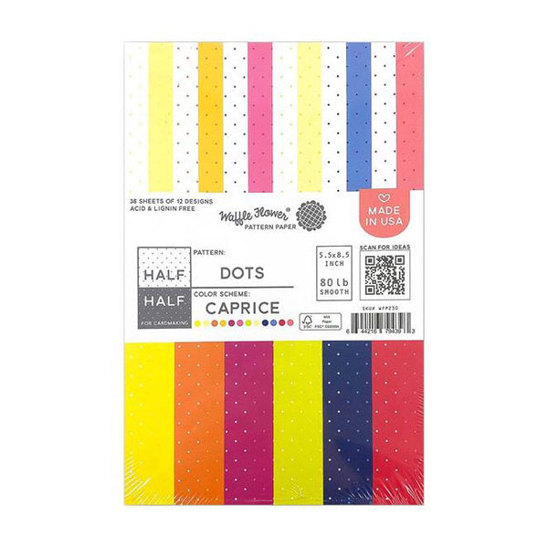 Waffle Flower 80lb Single-Sided Paper Pad 5.5in x 8.5in 36 pack  - Half Dots/Caprice, 12 Designs/3 Each