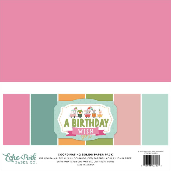Echo Park Double-Sided Solid Cardstock 12"x12" (30.5cm x 30.5cm) 6-pack: A Birthday Wish Girl, 6 Colours*