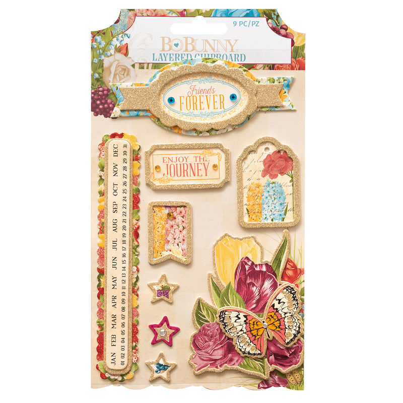 BoBunny - Time & Place Collection - Layered Chipboard Stickers with Gold Glitter, 9 pieces set*