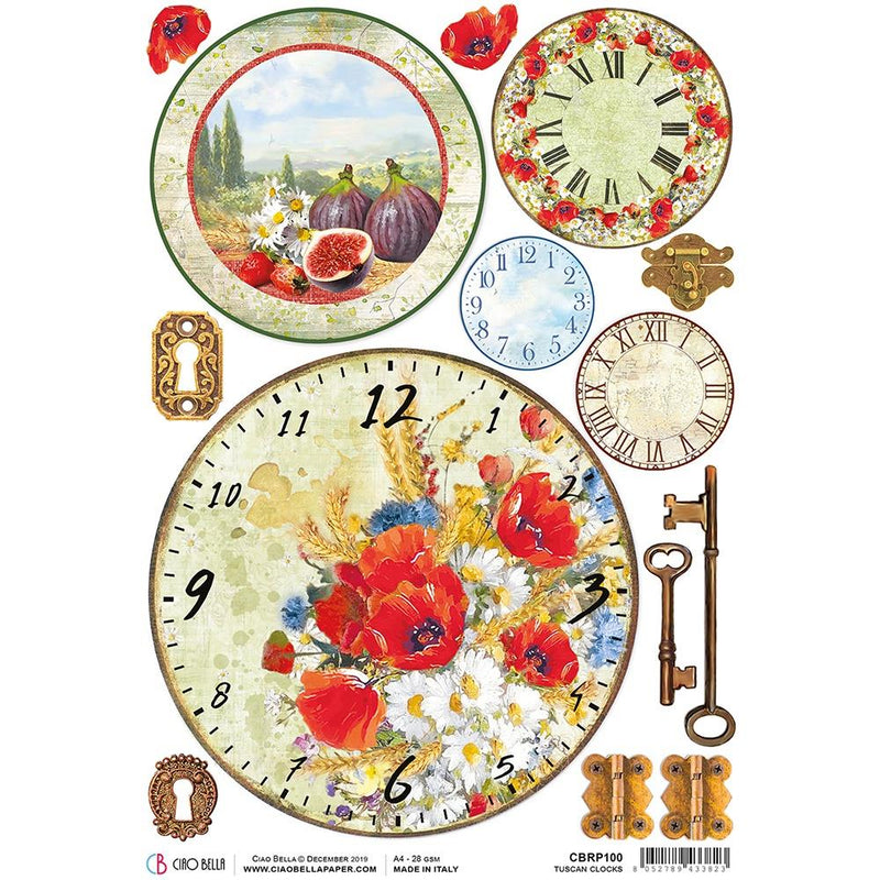 Ciao Bella Rice Paper Sheet A4 - Tuscan Clocks, Under The Tuscan Sun*