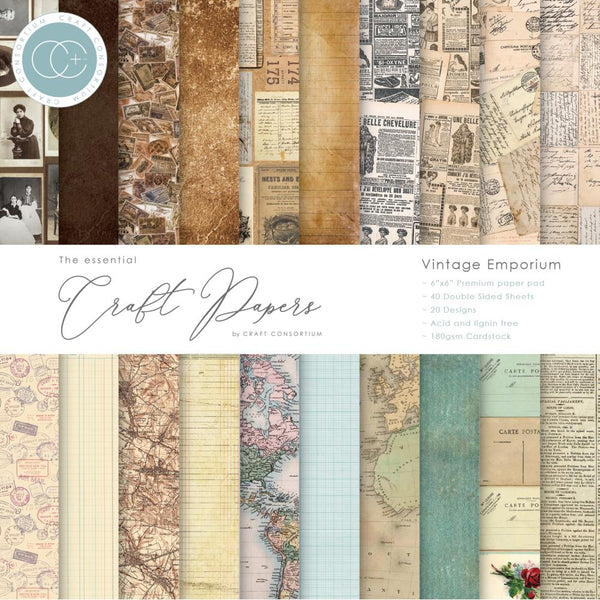 Craft Consortium Double-Sided Paper Pad 6 inchX6 inch 40 pack - Vintage Emporium, 20 Designs