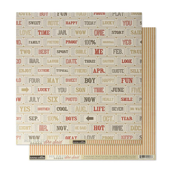 Teresa Collins - He Said She Said Collection - 12 x 12 Double Sided Paper - Tickets