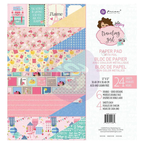 Prima Marketing - Julie Nutting Double-Sided Paper Pad 12inch X12inch 24 pack Travelling Girl, 6 Foiled Designs/4 Each