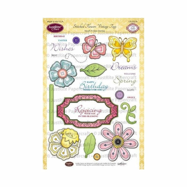 JustRite Papercraft Clear Stamps 6"X8" Stitched Flowers Vintage Tags