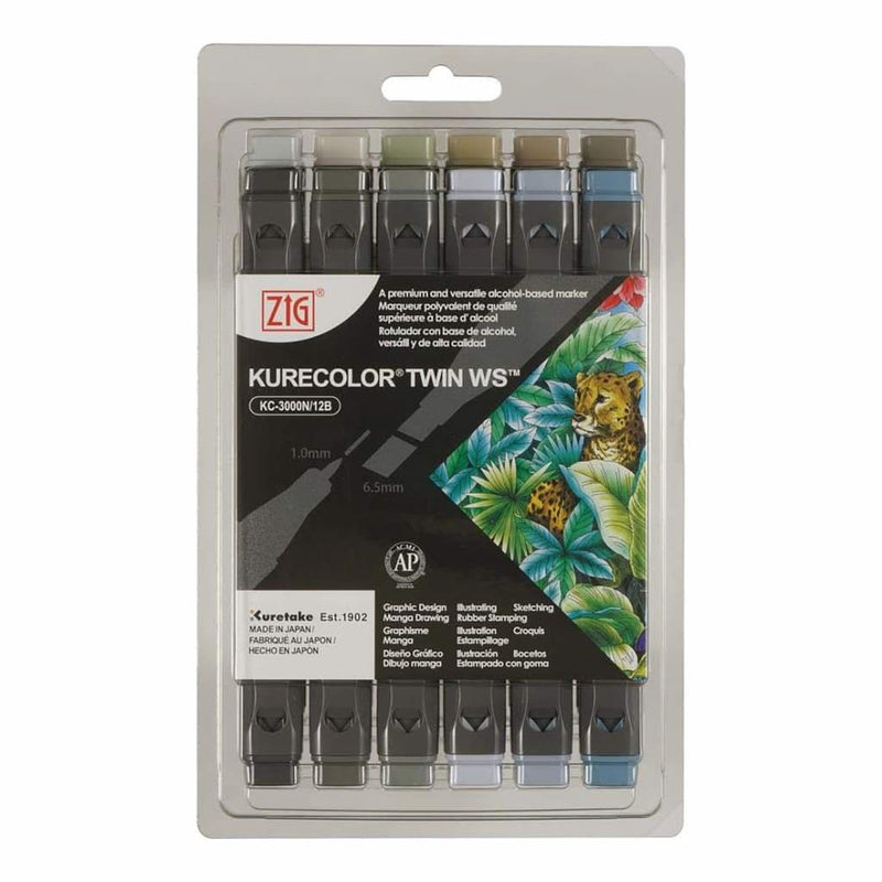 Kurecolor ZIG Twin WS Marker Set 12 pack - Gray Colors