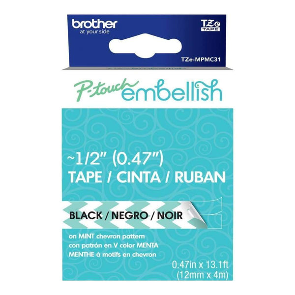 P-Touch Embellish Black Print Pattern Tape Mint Chevron