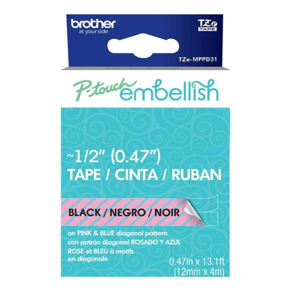 P-Touch Embellish Black Print Pattern Tape Pink & Blue Diagona