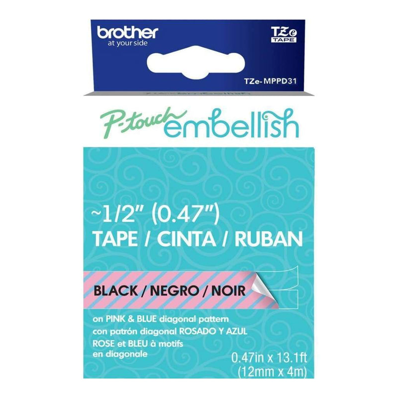 P-Touch Embellish Black Print Pattern Tape Pink & Blue Diagona