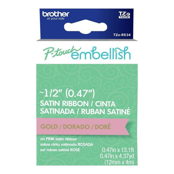 P-Touch Embellish Satin Ribbon Gold On Pink
