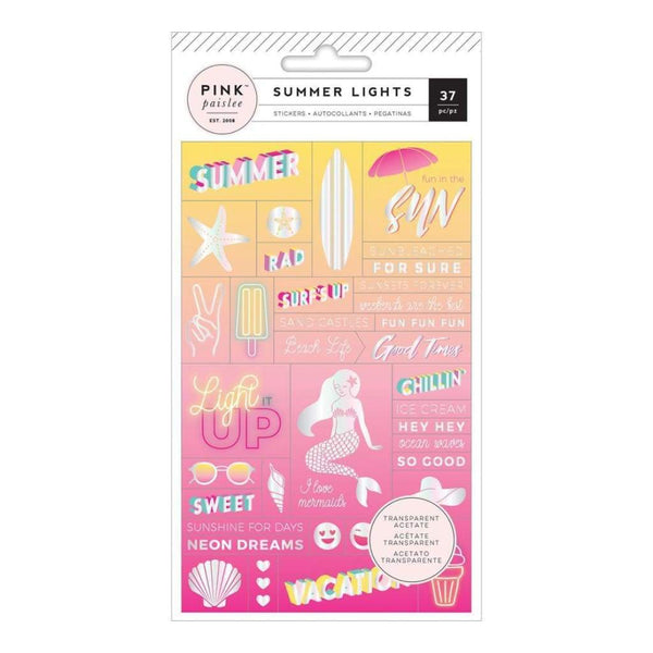 Pink Paislee Summer Lights Acetate Stickers Word Jumble with Holographic Foil